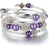 PEARL&CLUB Beaded Chakra Bangle Turquoise Bracelet - Fashion Jewelry Wrap Bracelet with Thick Silver Metal and Mala Beads, Birthday Gifts For Women