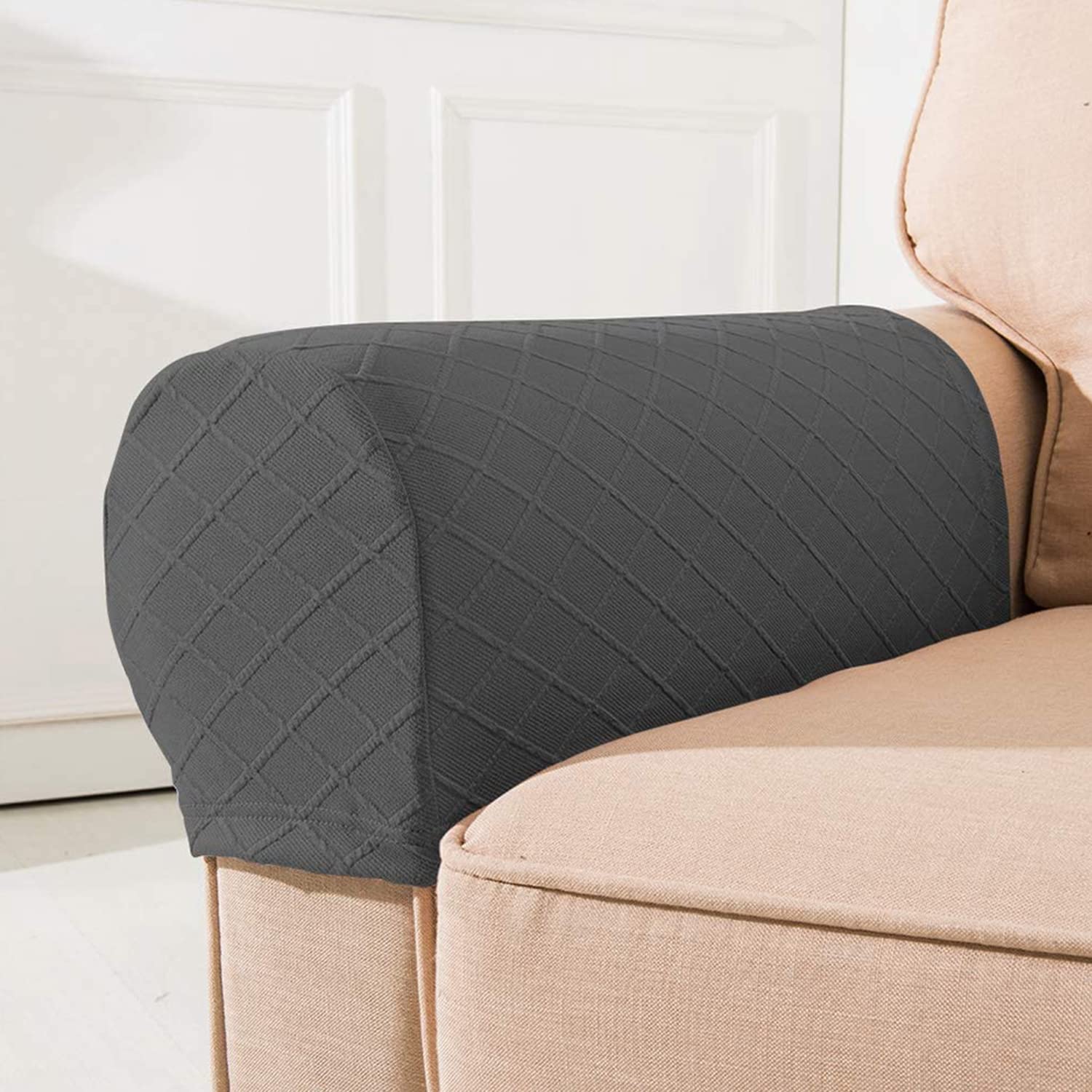 NEKOSUKI Arm Rest Covers, Set of 2 Stretch Diamond Pattern Armchair Couch Stretch Armrest Chair Covers for Furniture Protector, Anti-Slip Sofa Chair Arm Caps Spandex Polyester Slipcovers, Dark Gray