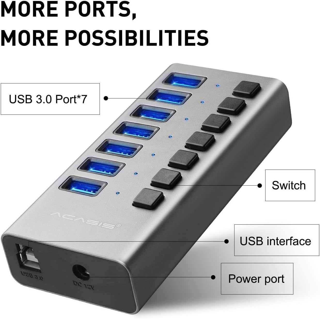 Powered USB Hub - ACASIS 7 Ports 36W USB 3.0 Data Hub - with Individual On/Off Switches and 12V/3A Power Adapter USB Hub 3.0 Splitter for Laptop, PC, Computer, Mobile HDD, Flash Drive and More: Computers & Accessories