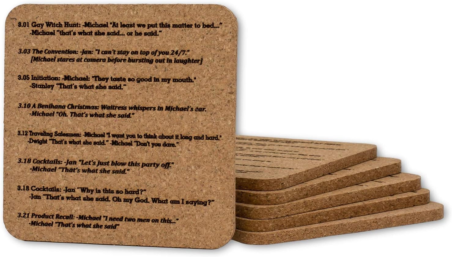 That's What She Said Coasters, Quote from Every Epidsode from The Office TV Show, Natural Cork Set of 6 (Standard Cork)