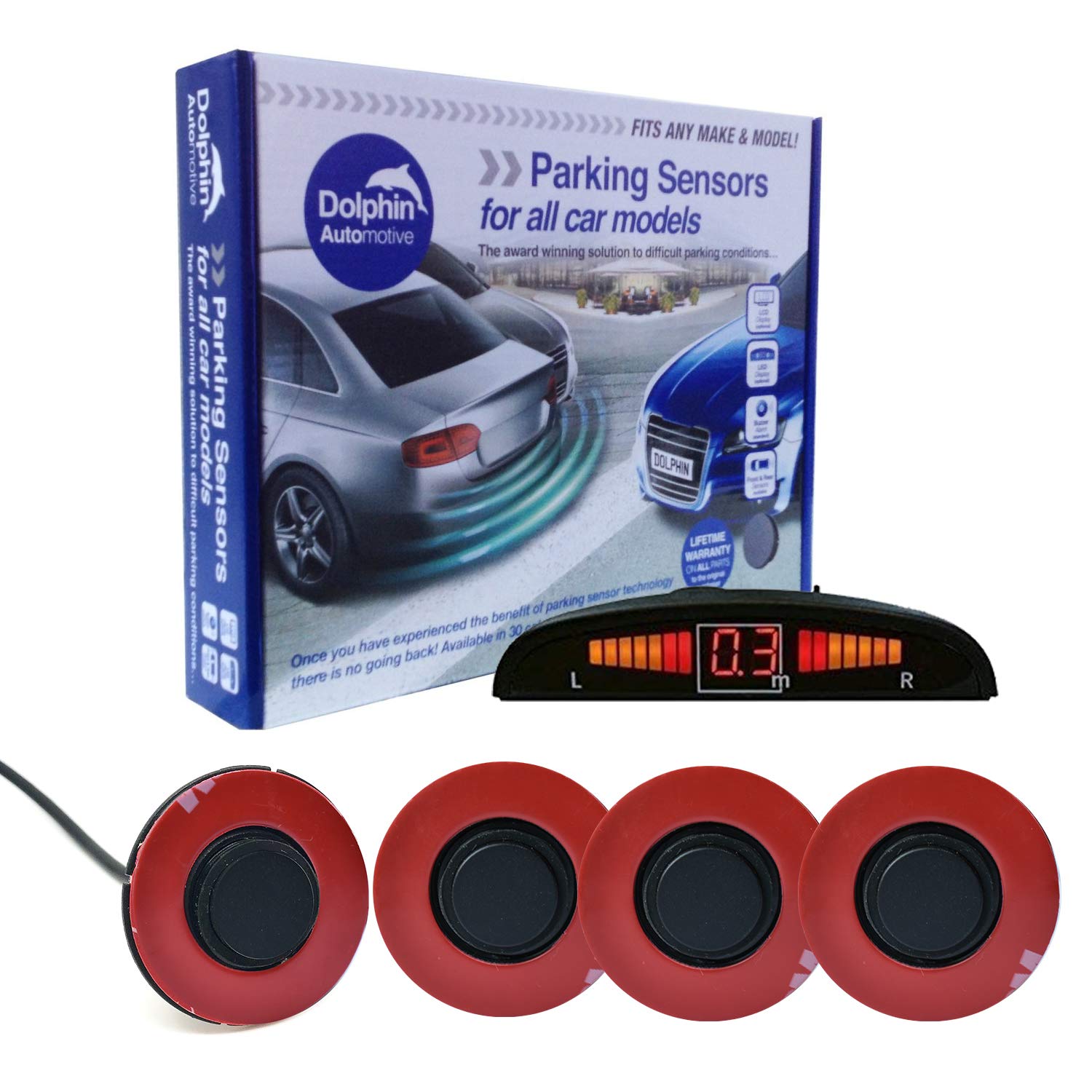 Dolphin Automotive DFM450 Reverse Parking Sensors Flush Mount OEM Style 4 Ultrasonic Radar Sensor Kit Dash Display and Audio Alert System - Matt Black