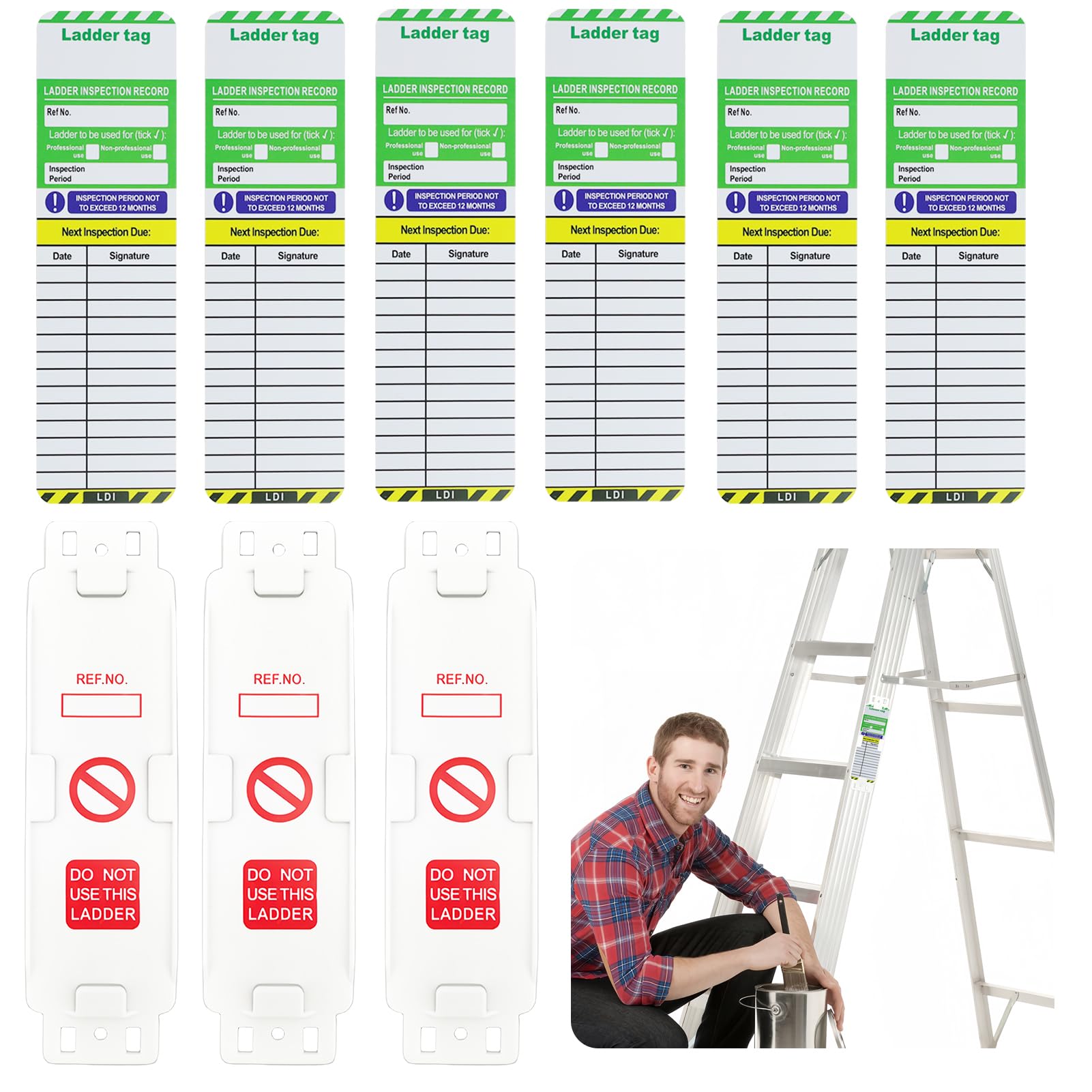 Ladder Tags,3 Holders and 6 Ladder Inspection Tag Inserts,Safety Ladder Inspection Tags and Holder Set for Indoor & Outdoor All Ladder Types Protect