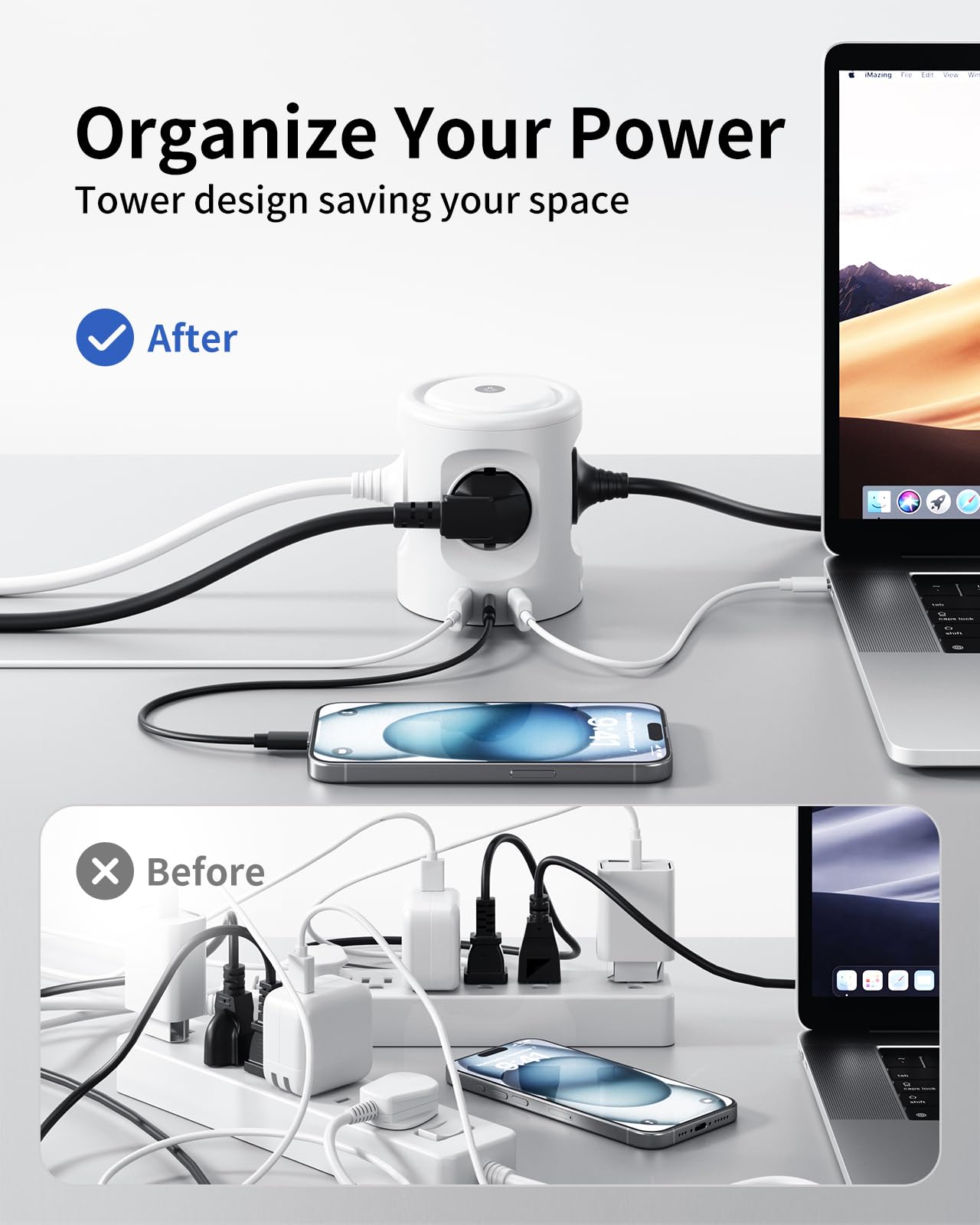 7 in 1 Steckdosenwürfel mit 3 USB, 4000W Mehrfachsteckdose Mit Schalter, 4 Fach Steckdosenleiste mit Licht, Mehrfachstecker Überspannungsschutz USB Stecker Würfel Verlängerungskabel 2M für Büro,Weiß 5