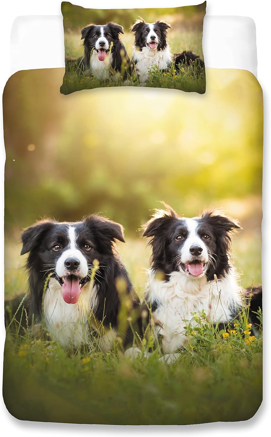 MUSOLEI Dog Single Duvet Cover Set 3D Printed Two Cute Border Collie Lying on the Grass Bedding Set for Adults Kids Zipper Closure Puppy Smile Quilt Cover 135x200cm and 50x75cm Pillowcase Set
