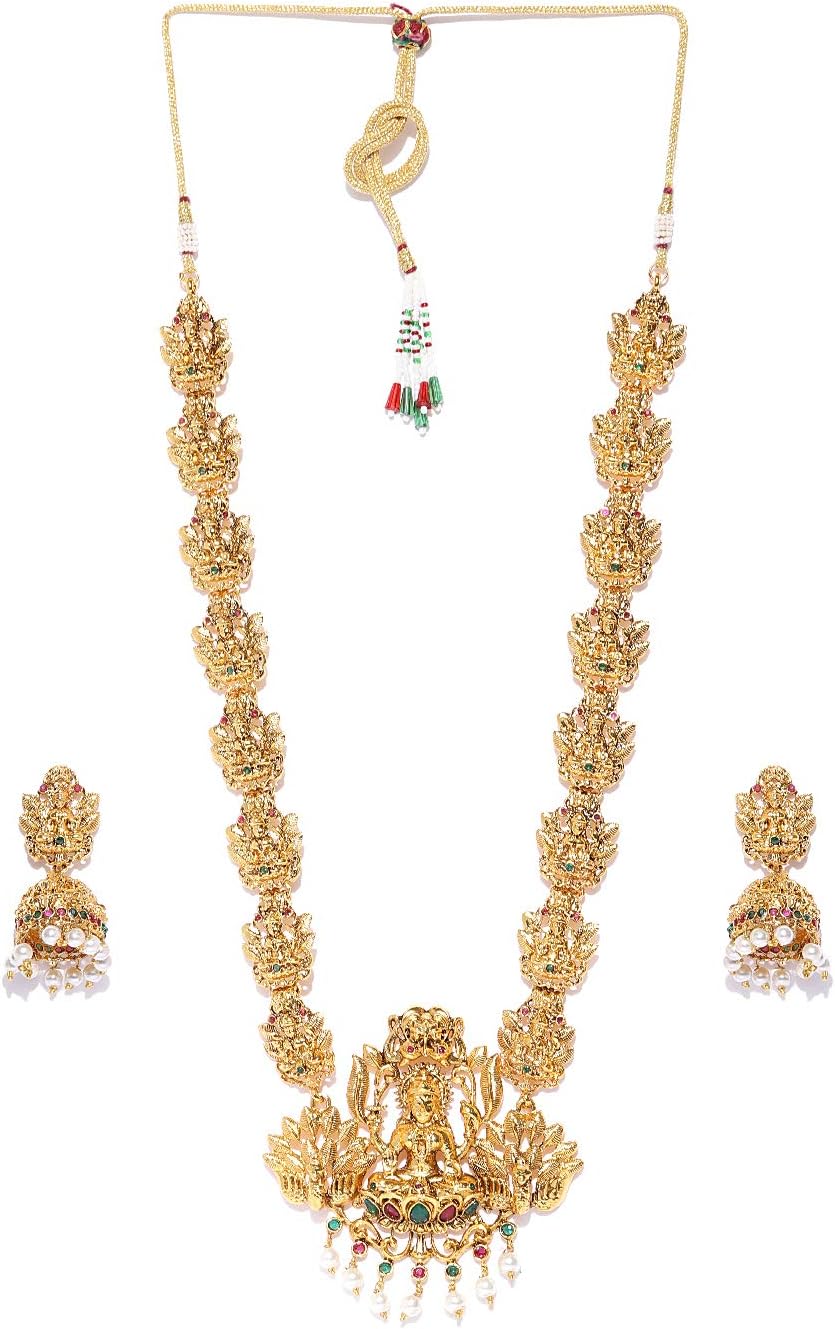 Indian Bollywood Temple Jewelry Style Gold Plated Long Polki Necklace Set