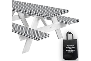 LINPRO Picnic Table Cover with Bench Covers Vinyl Fitted Picnic Table Covers with Elastic Camping Accessories Tablecloth