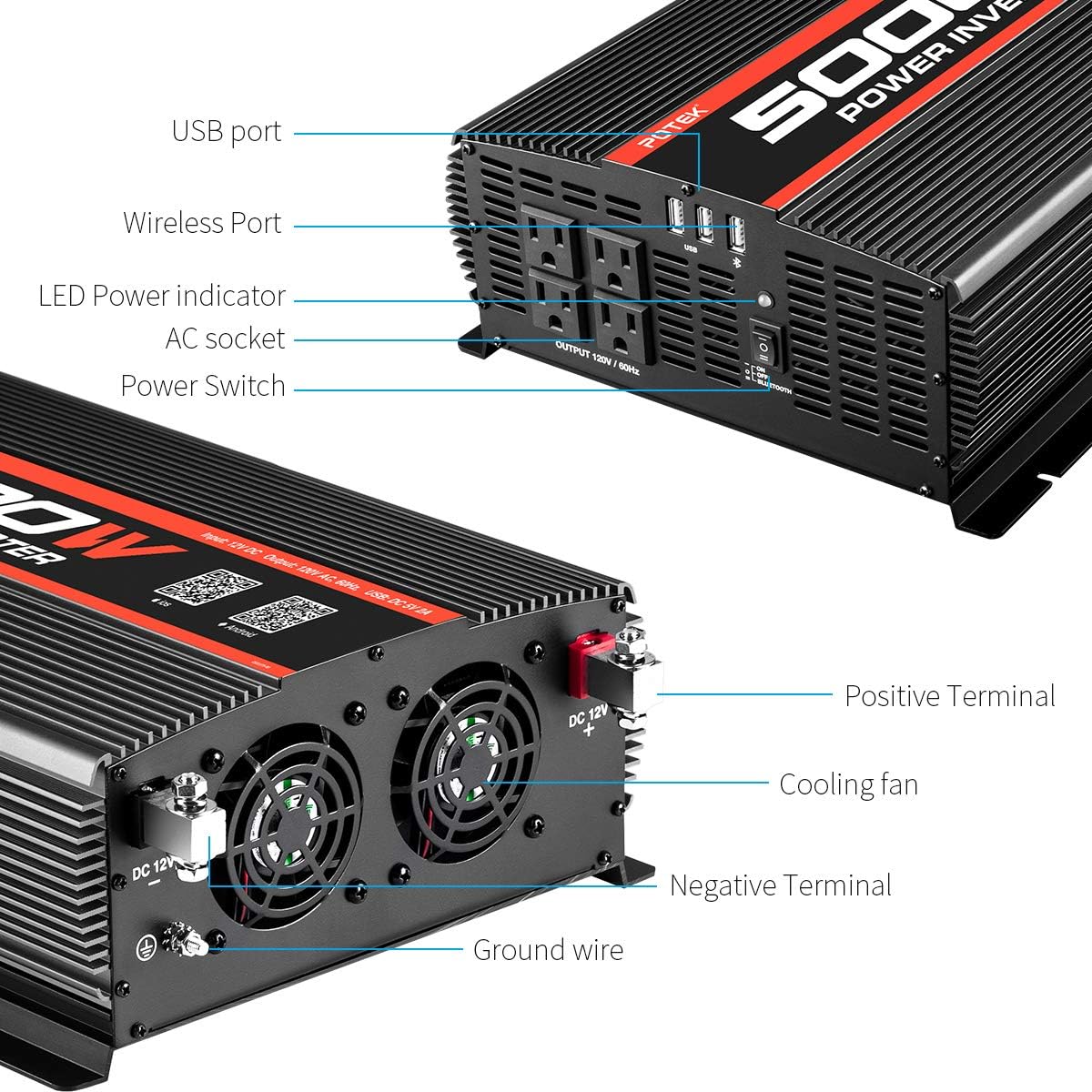 POTEK 5000W Power Inverter 4 AC Outlets 12V DC to 110V AC Car Inverter with Bluetooth and 2 USB Ports: Car Electronics
