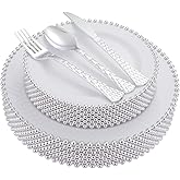 HOMIP 75PCS Fancy Disposable Dinnerware Party Set, 15 Dinner Plates 15 Dessert Plates with Silver Bead Rimed, 15 Silver Spoons, 15 Knives, 15 Forks, Plastic Silverware for Wedding Birthday Party