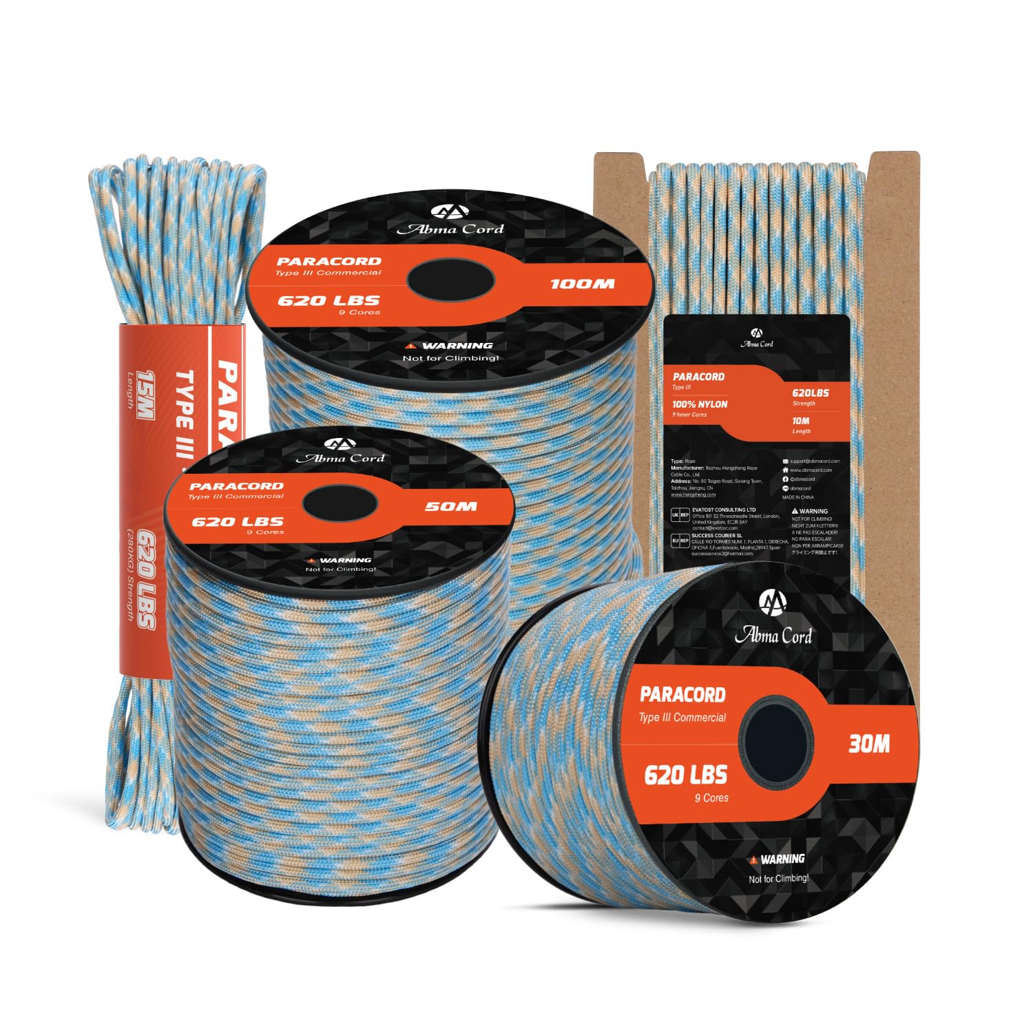 Abma Cord Paracord 4mm 50m 100% Nylon Rope 9 Strands Type III Parachute Cord for DIY, Camping, Survival, Outdoor - Max. 280kg - Carolina Beach