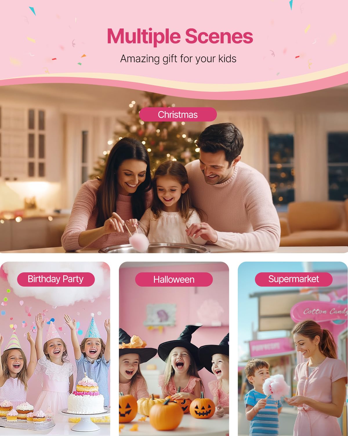 VEVOR elektrische Zuckerwattemaschine kommerzielle Zuckerwattegeräte (1000 W) mit 52 cm Edelstahlschüssel & Zuckerlöffel & Schublade, perfekt für Kindergeburtstage Familienfeiern Partys Rosa 6