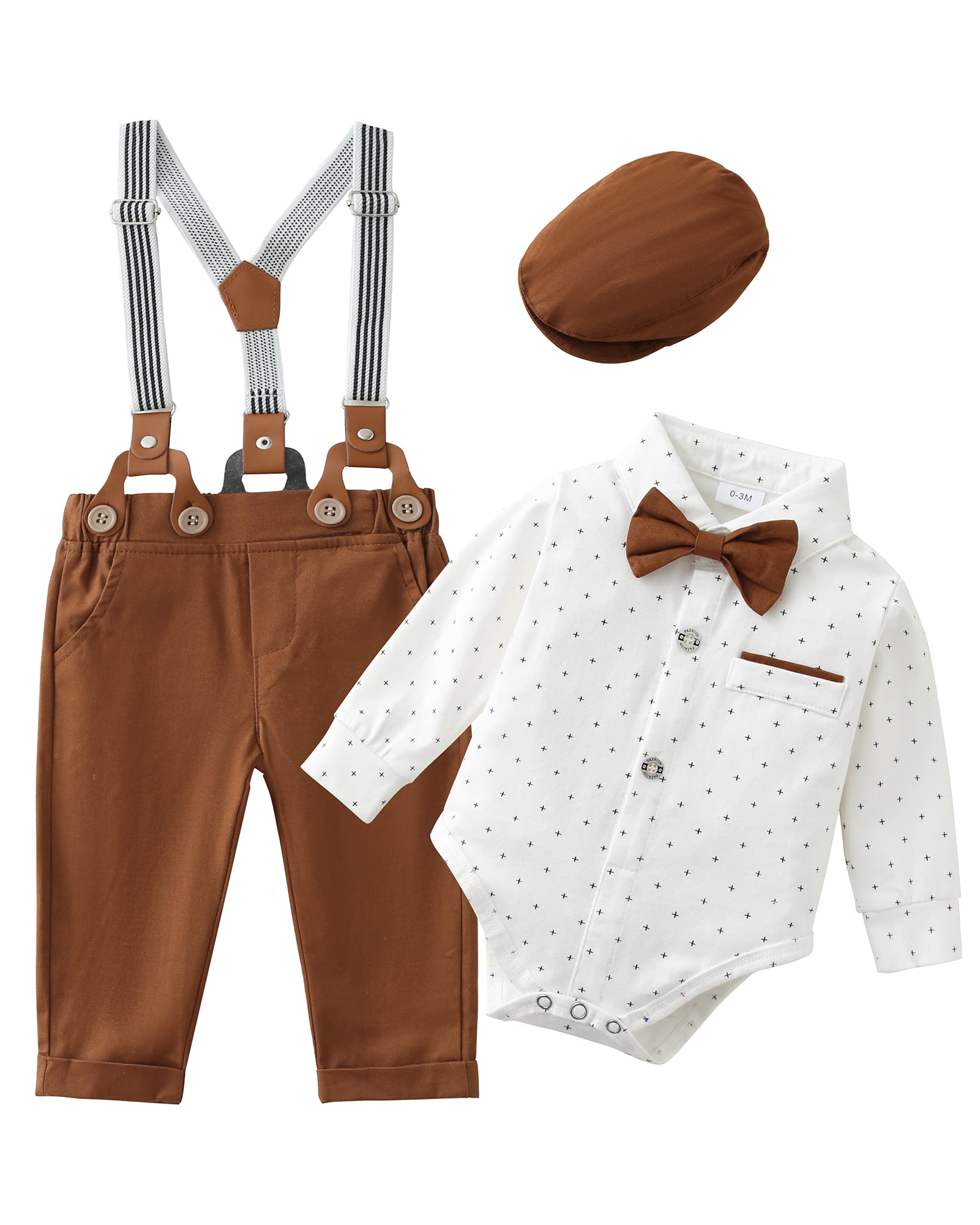 Photo 1 of ZOEREA Baby Boy Suit 0-24M Gentleman Outfit Clothes Set Infant Long Sleeve Dress Shirt+Suspender Pants+Bowtie+Beret Hat