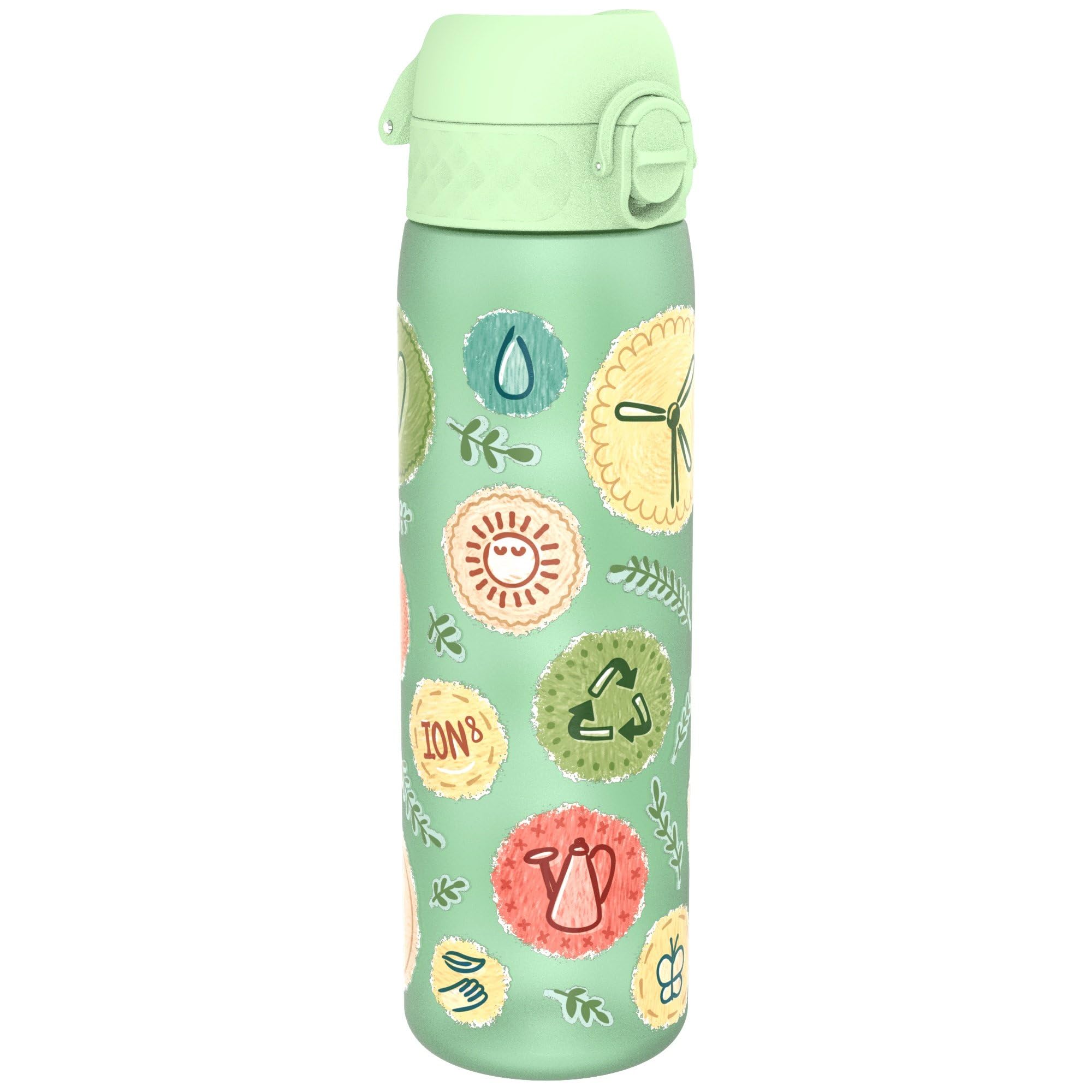 Ion8 Water Bottle, 500ml/18oz, Slim Leak Proof & BPA-Free Drinking Bottle, Secure Lock Prevents Spills, Dishwasher Safe, Carry Handle, Ideal for Adults & Kids - Travel, Gym & School, Green, Eco — image 1