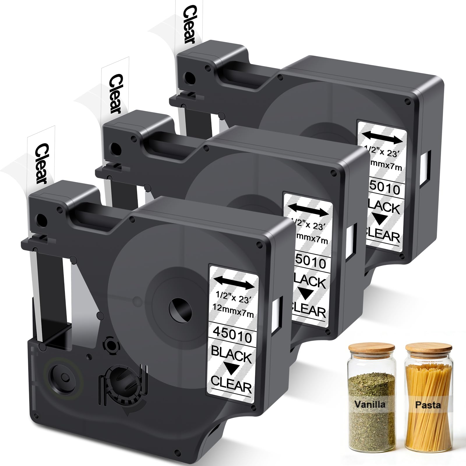 Compatible with DYMO D1 Label Tape 45010 12mm, Replace for DYMO Label Maker Refills A45010, Black on Clear for Dymo LabelManager 160 420P 210D 280 360D PnP