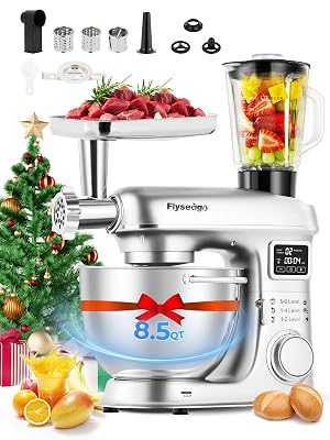 Flyseago Stand Mixer 8-IN-1 8.5 Qt 2000W Multifunctional Fermentation Electric Kitchen Mixer 6 Speed Tilt-Head with Stainless Steel Bowl, 1.5L Glass Jar Meat Grinder Dough Hook Whisk Pasta Attachment