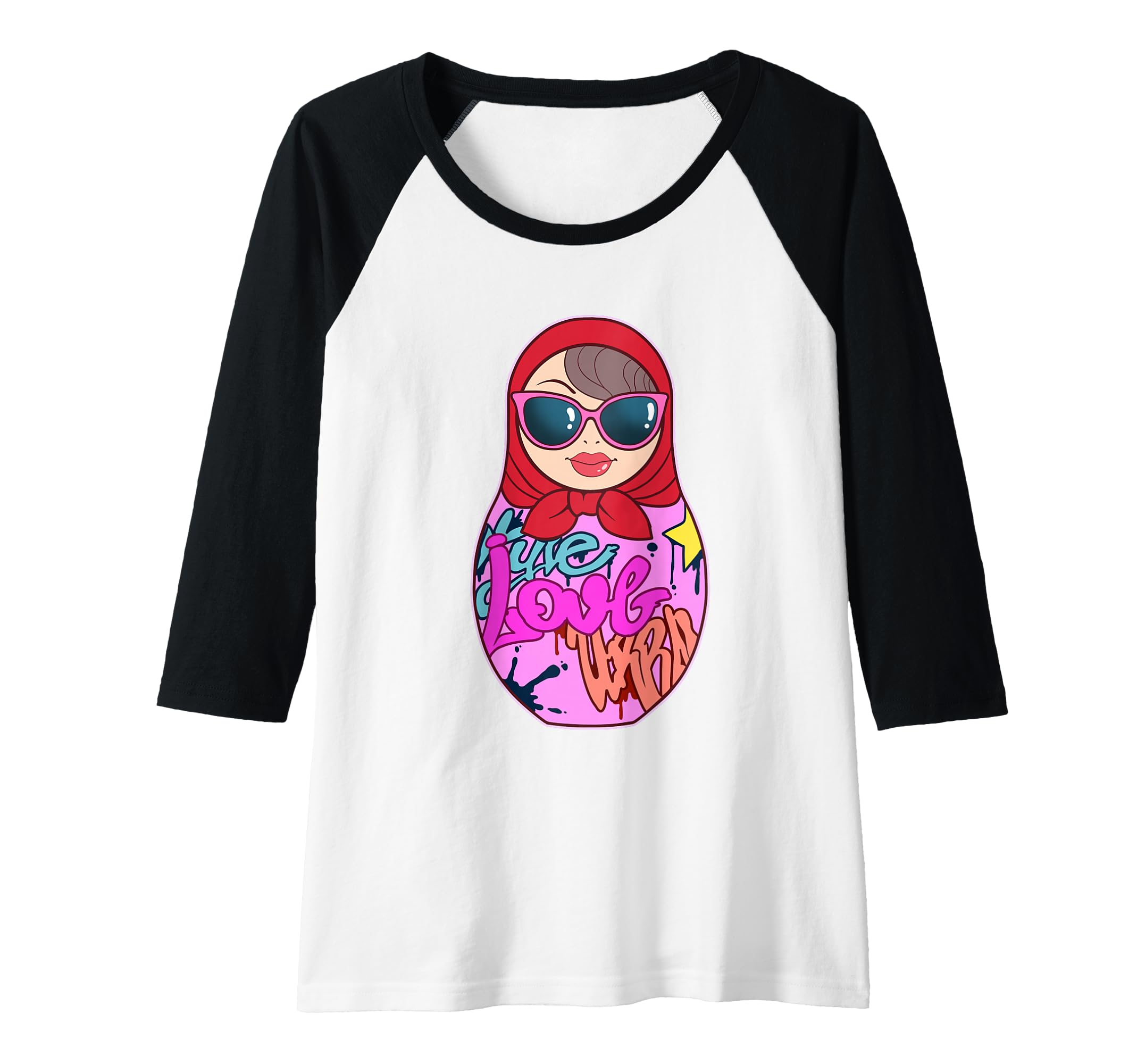 Womens Graffiti Matryoshka Punk Russian Doll Puppet Matrioshka Raglan Baseball Tee