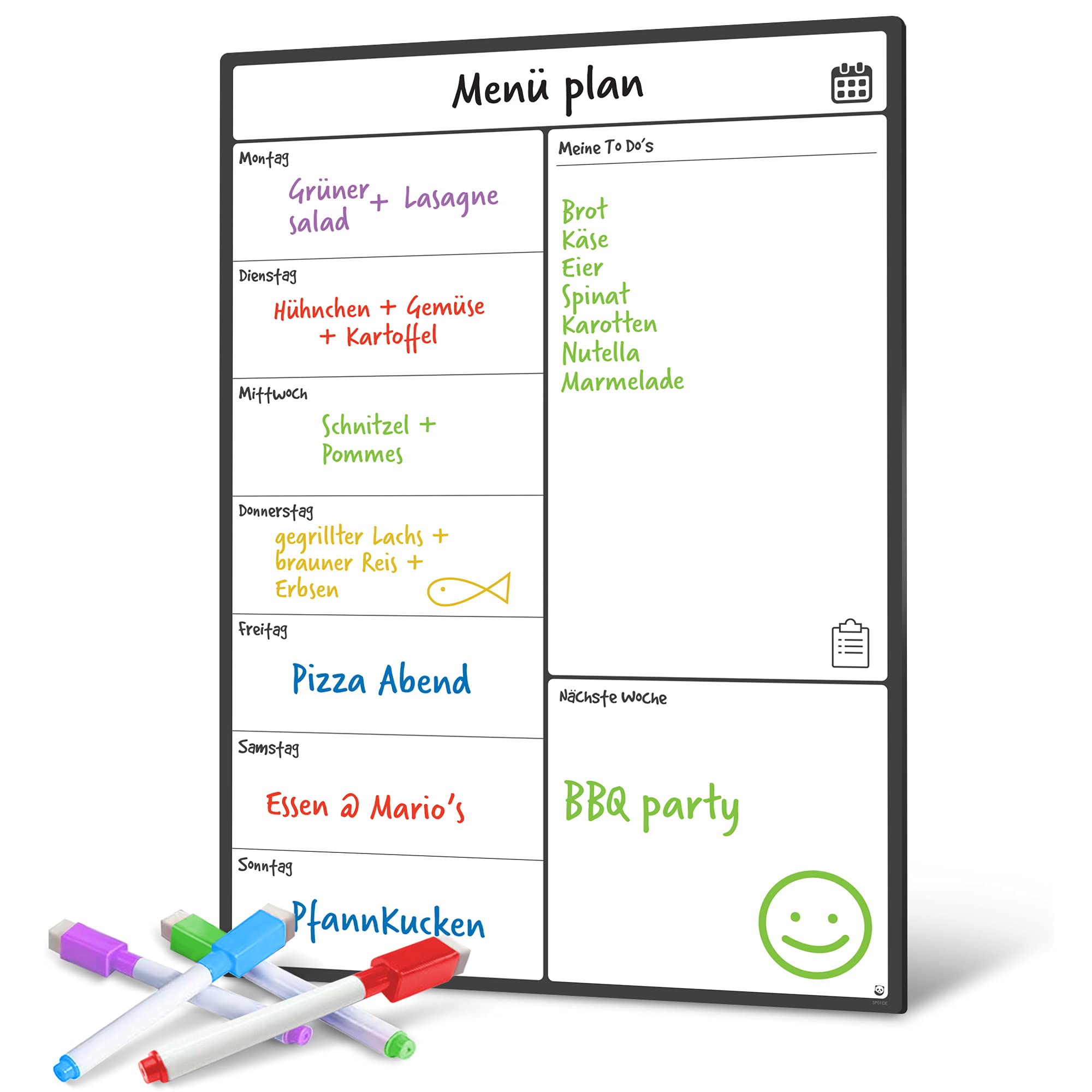 German Language - Magnetic Whiteboard Fridge Calendar by Smart Panda - Weekly Menu, Memo and Shopping List for Kitchen - Useful for Language Learning - German Weekly