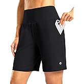 Women's Athletic Shorts with Zipper Pocket 7" High Waisted Stretchy Bermuda Shorts for Women Workout Running Casual