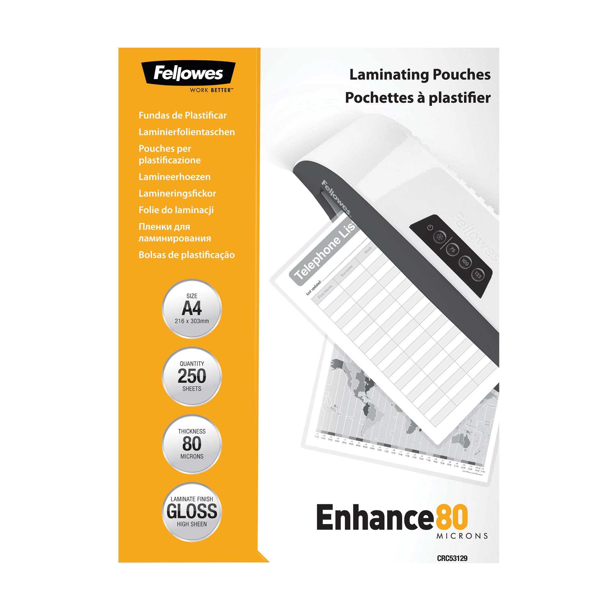 Fellowes A4 Laminating Pouches, Gloss Finish, 250 Sheets, 160 Micron (2x80) Clear & Durable Laminating Pouch - Ideal for Photos and Notices - Large Value Pack — image 1