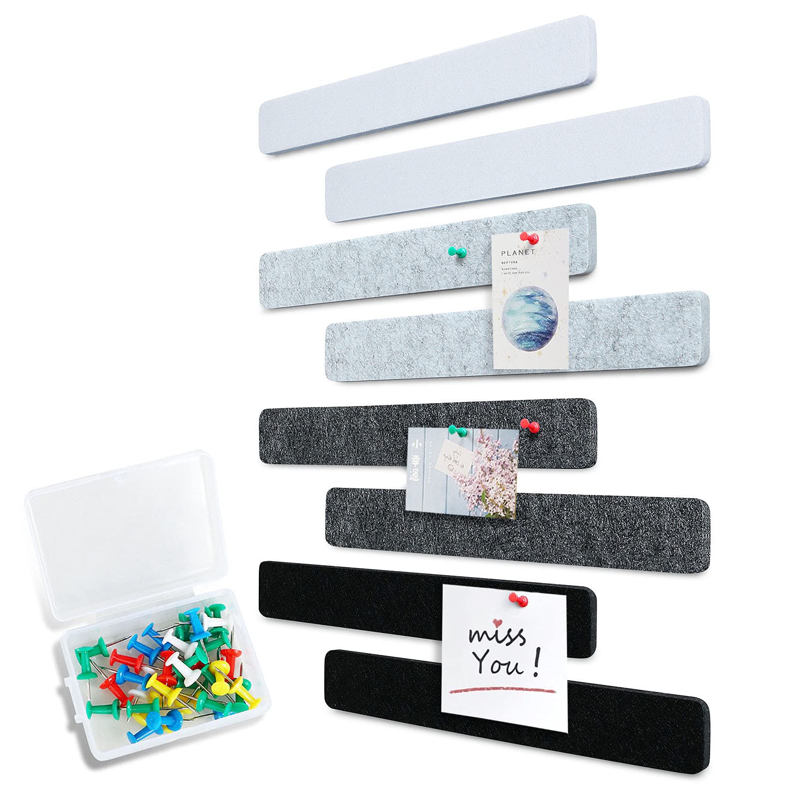 Uoisaiko Felt Pin Board Bar 38cm x 5cm, 8 Pack Cork Board Bulletin Board Strips with 40 Push Pins, Home Office Memo Notice Boards Felt Wall Tiles
