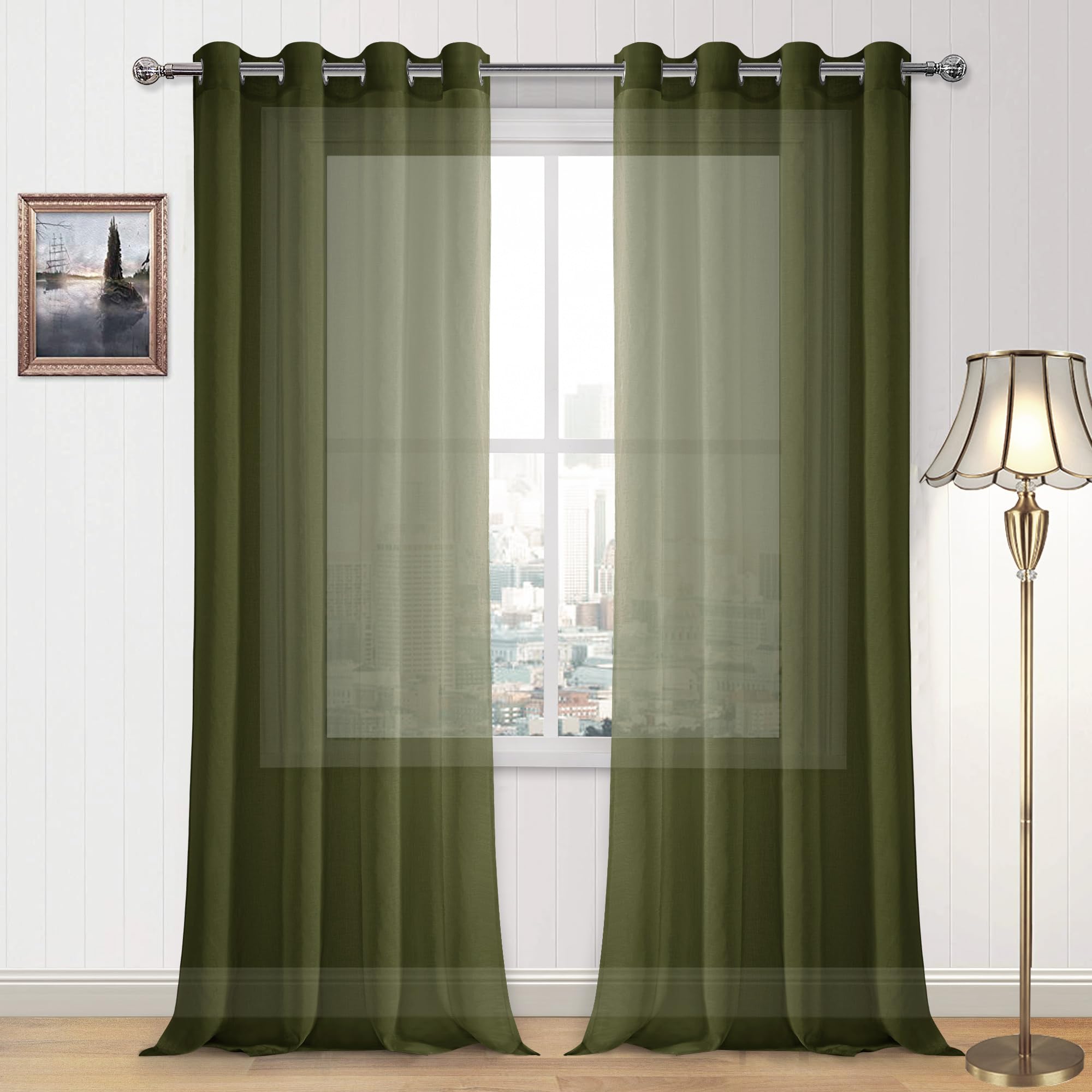 DWCN Olive Green Sheer Curtains for Living Room Bedroom Faux Linen Look Voile Drapes Grommet Top Window Curtain Panel 52 x 90 inches Long, Set of 2 Panels