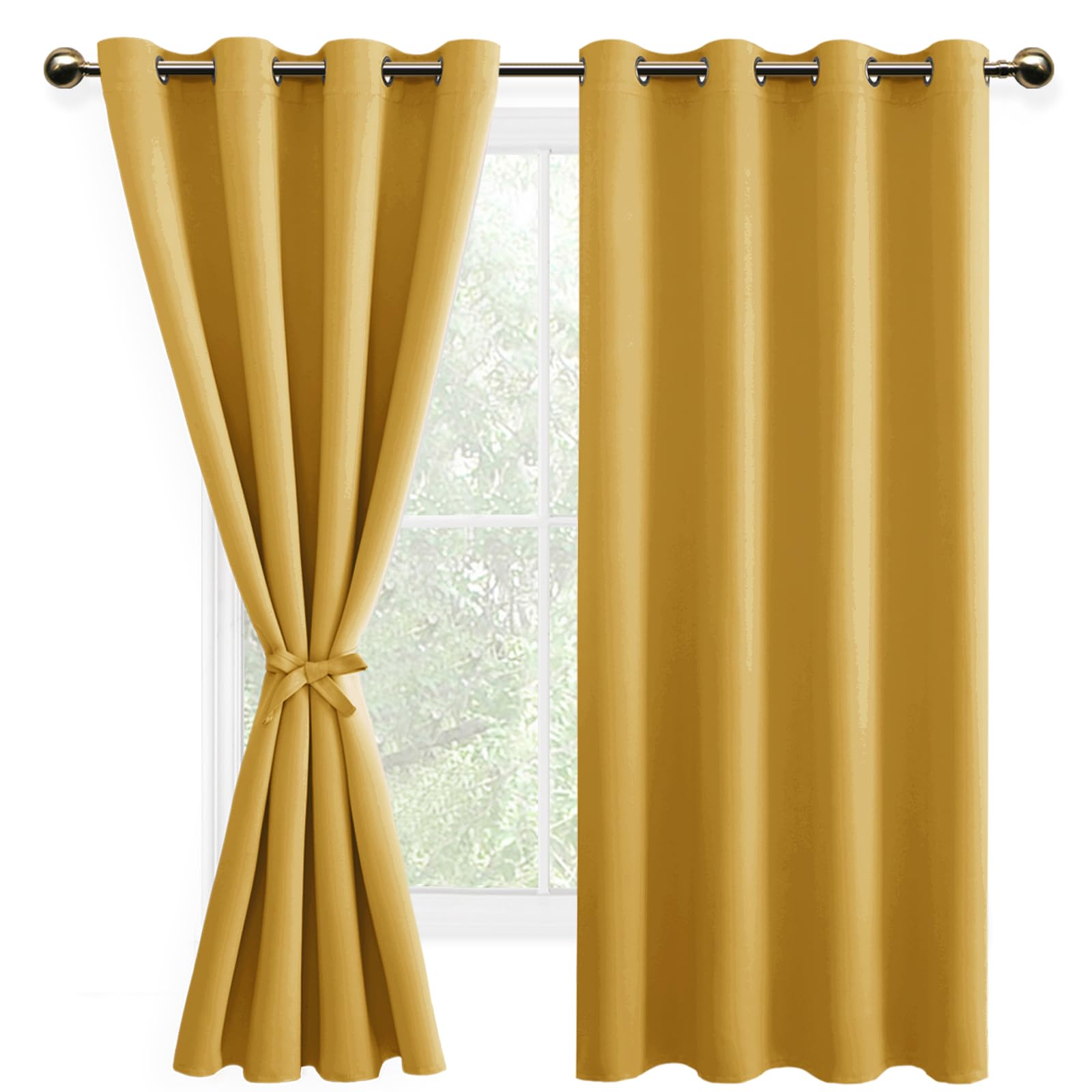 DWCN Blackout Curtains with Tiebacks for Bedroom Thermal Insulated Solid Eyelet Curtains for Living Room,2 Panels,52" Wide x 63" Drop Yellow