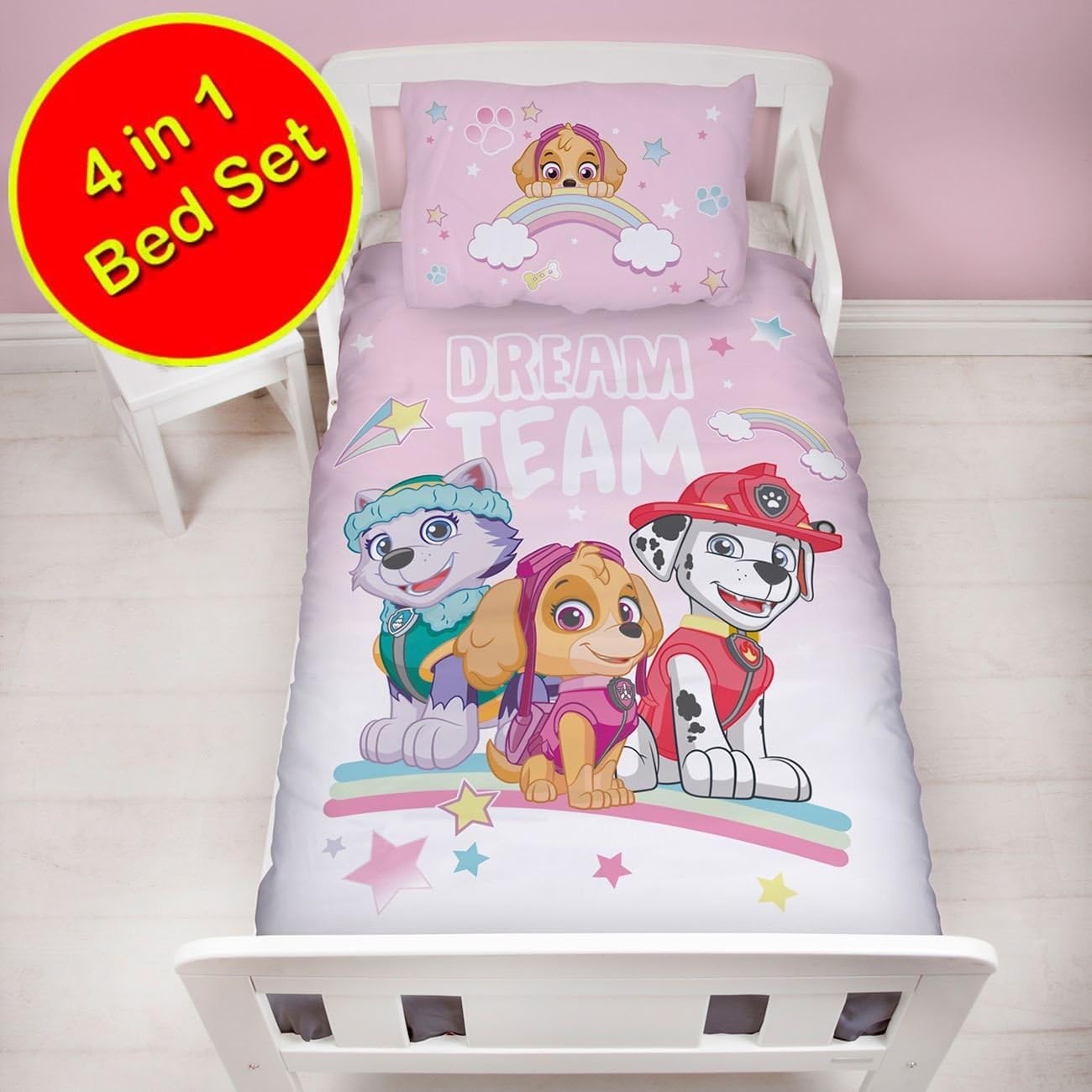 Paw Patrol Pastels 4 in 1 Junior Bedding Bundle Set (Duvet, Pillow and Covers)