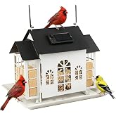 Solar Bird Feeder House for Outdoors, Metal Large Capacity 3-Compartment Wild Bird Feeder with Suet Holder, Weatherproof Garden Decoration (White)