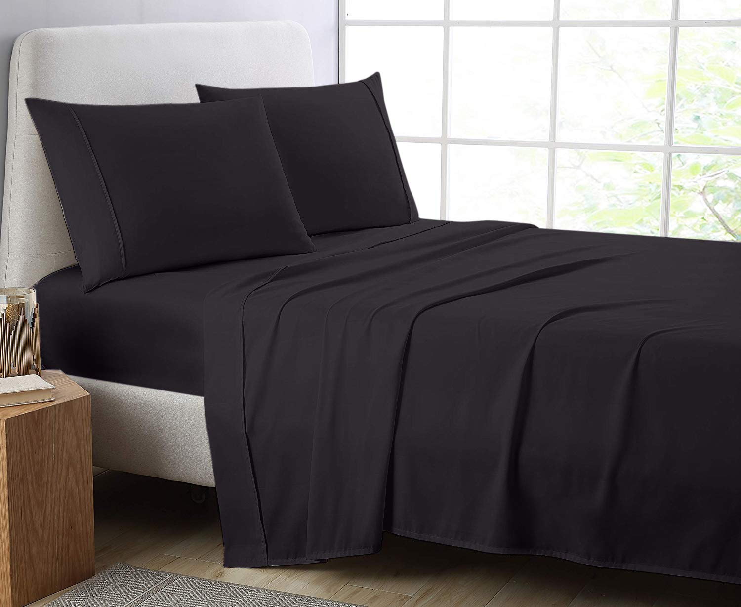Comfort Beddings Premium Quality Single Bed Sheet Set Black 600TC 100% Egyptian Cotton Single Size Bedding Set (Fitted sheet, Flat sheet, 2 Pillowcases) Deep Pocket, Soft Bed Sheets (Single, Black)