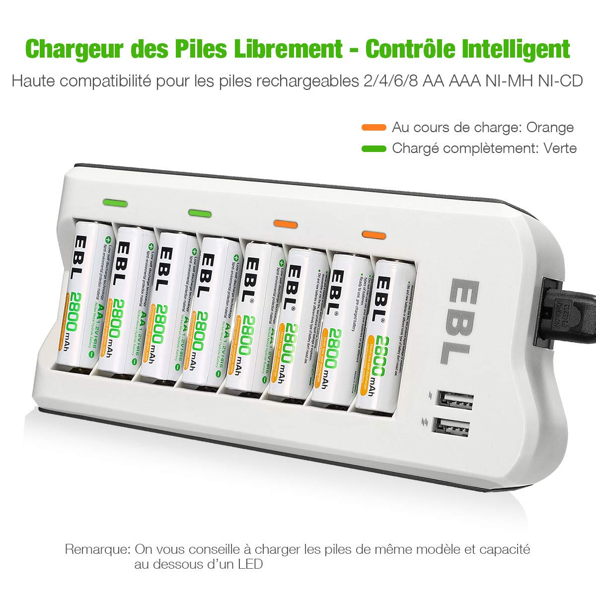 EBL 8pcs Piles AA 2800mAh + Chargeur de Piles 8 Slots avec 2 USB Ports pour Accus AA/AAA/Ni-CD/Ni-MH et Smartphone Tablette Rechargeable Rapide