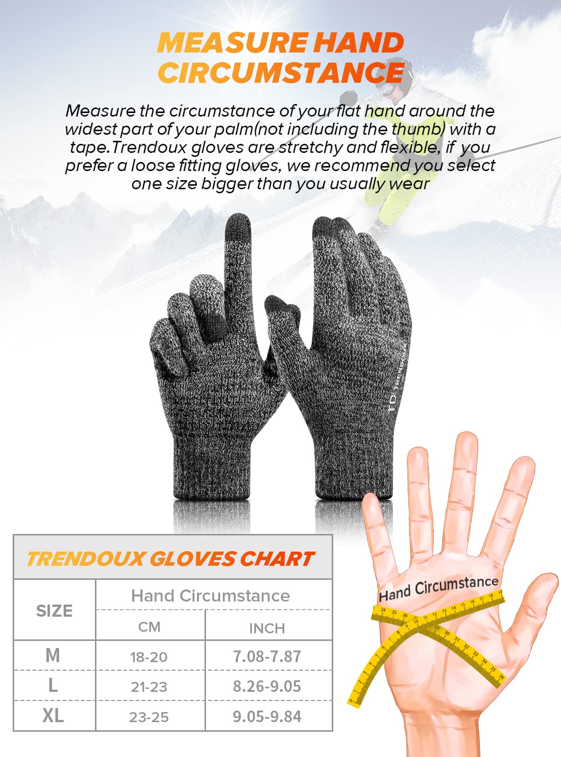 TRENDOUX Winter Gloves For Men Women, Cold Weather Warm Touchscreen Glove Unisex, Non-slip, Elastic Cuff, Knit Stretchy