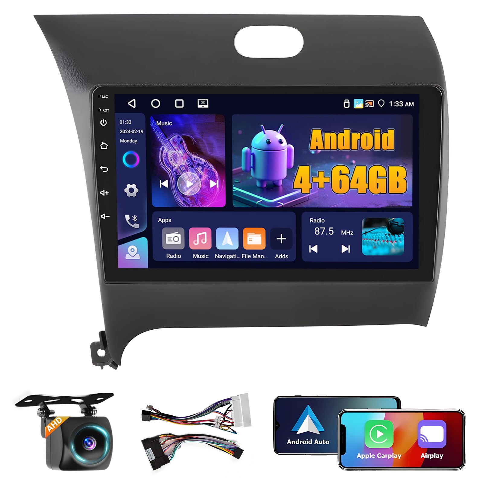 Photo 1 of Fuluku 4+64GB Android 15 Car Stereo for KIA Forte Cerato K3 2013-2018 Wireless Carplay Android Auto 9" Touch Screen Car Radio Dash Kit with GPS WiFi Bluetooth SWC DSP EQ Mirror Link Backup Camera