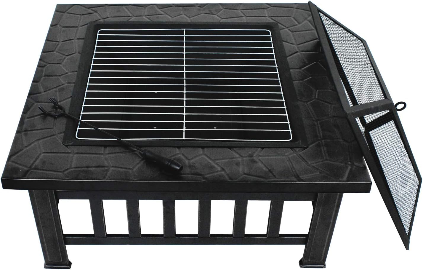 ZENY Outdoor 32’’ Metal Fire Pits BBQ Square Table Backyard Patio Garden Stove Wood Burning Fireplace with Spark Screen Cover, Poker, Cover, Grill : Garden & Outdoor