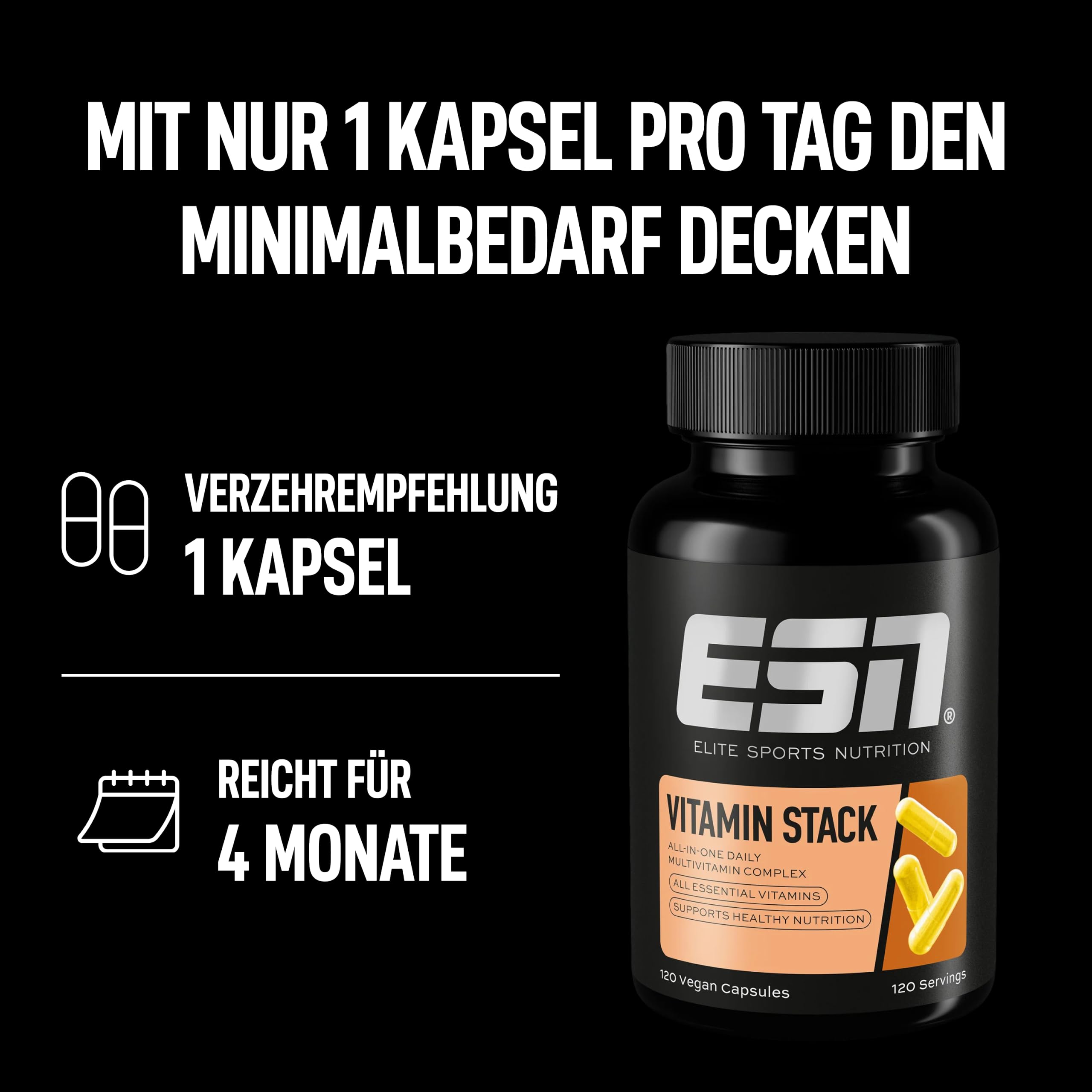 ESN Vitamin Stack - Multivitamin-Komplex mit 13 essentiellen Vitaminen - Vitamine A, C, D, E, K und Vitamin B-Komplex - 120 Kapseln, 120 Portionen 6