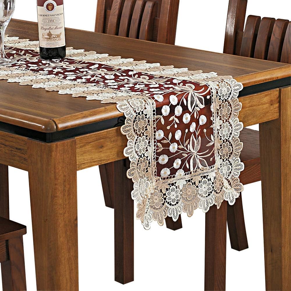 QXFSMILE Beige Lace Table Runner Embroidered Dandelion