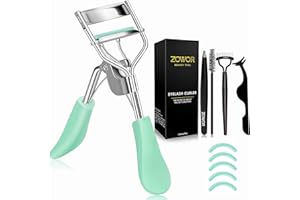 Zowor Eyelash Curler with Comb and Brush Fit All Eye Shape Curved Eyelash Curlers with 5PCS Silicone Refill Pad,Natural and Long Lasting Lash Curler for Women Make Up Gift(Green)