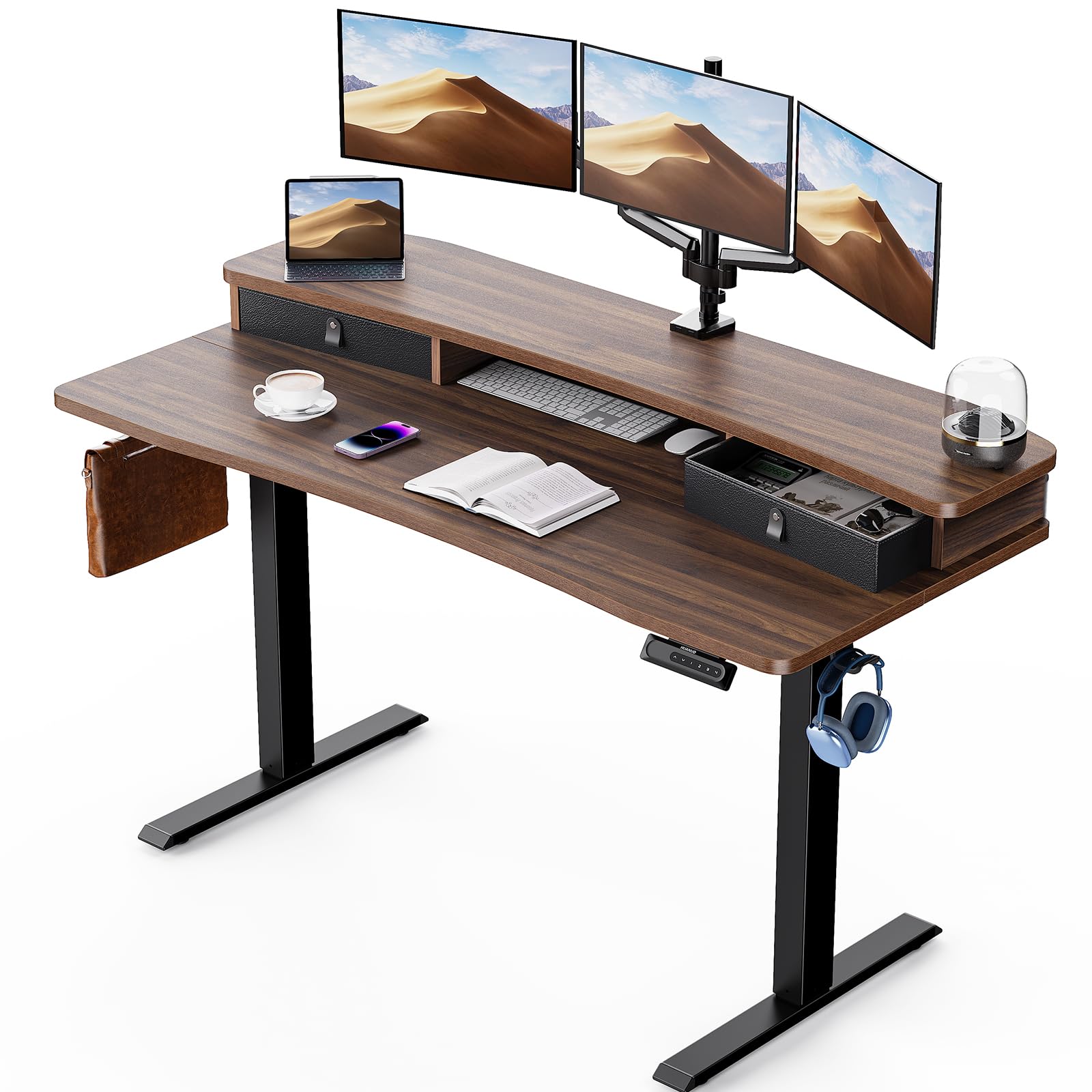HUANUO 60″ x 30″ Electric Standing Desk with 2 Drawers, C-Clamp Mount Compatible, Height Adjustable Computer Desk, Home Office Stand Up Desk with 4 Preset Heights & 2 Hooks, Walnut Image