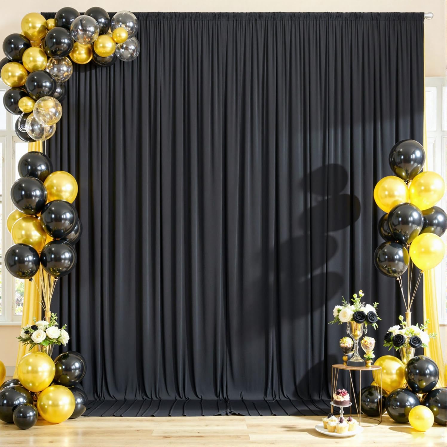 Photo 1 of 10x10ft Wrinkle Free Black Backdrop Curtain for Parties, Silky Polyester Photo Backdrop Drapes Back Drop Cloth for Wedding Birthday Graduation Photography Photoshoot Decor 2 Panels 5x10ft