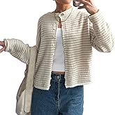 Women Striped Cardigan Button Down Long Sleeve Crewneck Crop Cardigans Sweater Cute Knitwear Fall Outerwear