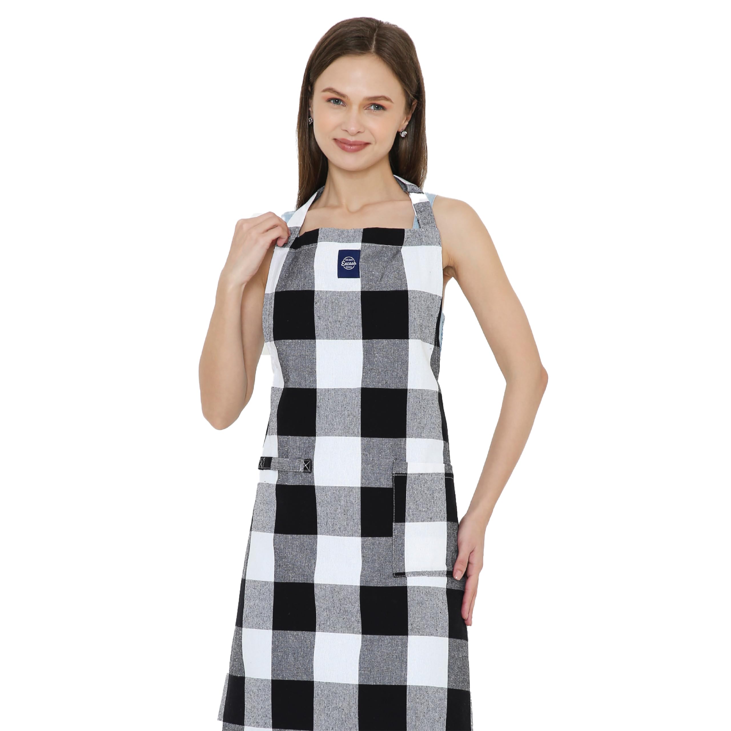 Encasa XO Adjustable Kitchen Cotton Apron With Pockets & Towel Holder Of Size 68x85 cm (Buffalo Black Checks) for Men & Women Chefs For Cooking & Baking in Home, Restaurants & Barbeque