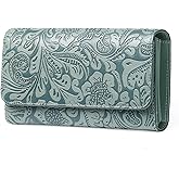 GOIACII Women's Wallet RFID Blocking Long Clutch Ladies Purse Vegan Leather Embossed Flower Blue