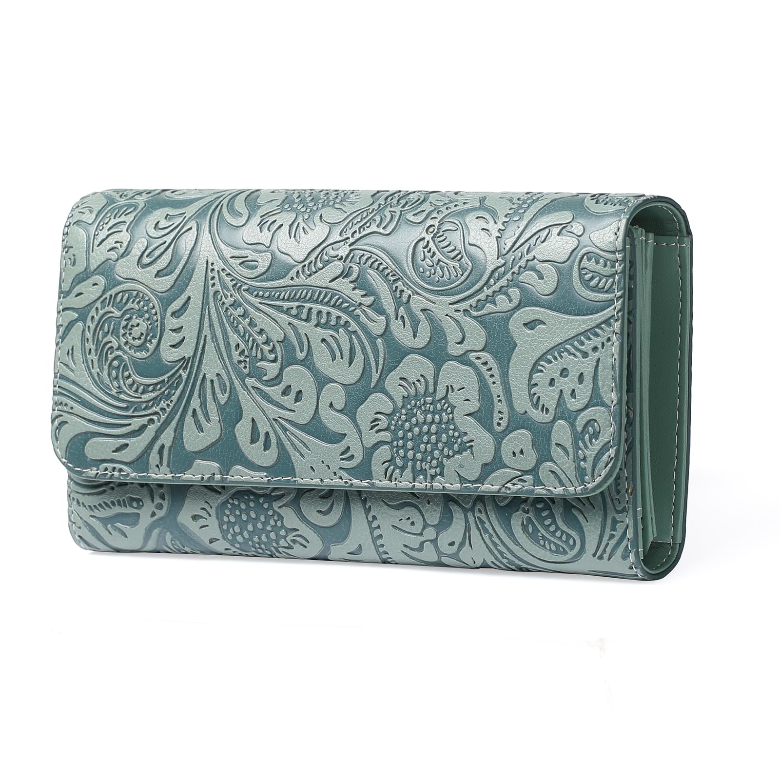 Photo 1 of GOIACII Women's Wallet RFID Blocking Long Clutch Ladies Purse Vegan Leather Embossed Flower Blue