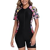 Halcurt Women's Boyleg One Piece Rash Guard with Built in Bra Zip Front UPF50+ Short Sleeve Full Body Surfing Swimsuit