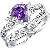 QKABTI Pear Cut Amethyst Engagement Rings Set for Women 925 Sterling Silver, 8x6 MM Amethyst Leaf Ring Unique Bridal Wedding Rings Gift