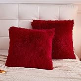 LIFEREVO 2 Pack Fluffy Faux Fur Pillow Shams,18 x 18 Inches Throw Pillow Covers,Luxury Decorative Furry Pillowcases Cushion Cover for Christmas,Zipper Closure,No Pillow Insert,Burgundy