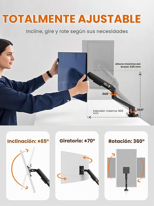 Soporte de Monitor Doble para Pantallas de 13"-27", Brazo de Gas Ajustable, Soporta 2 Monitores, Inclinación, Giro y Rotación con Base de Montaje C-Clamp y Grommet, VESA 75/100mm (MA001-2)