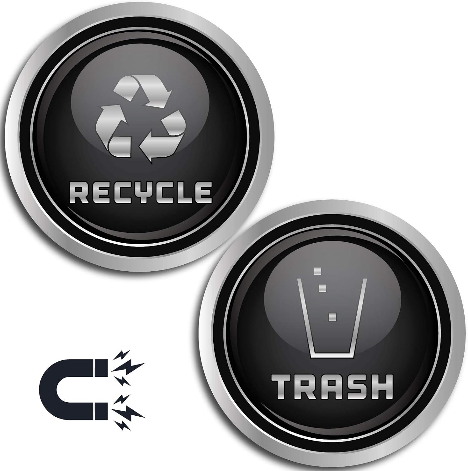 Recycle and Trash Logo Symbol - Elegant Golden Look for Trash Cans, Containers, and Walls - Laminated Vinyl Decal (XSmall, Silver - Magnetic) - - 