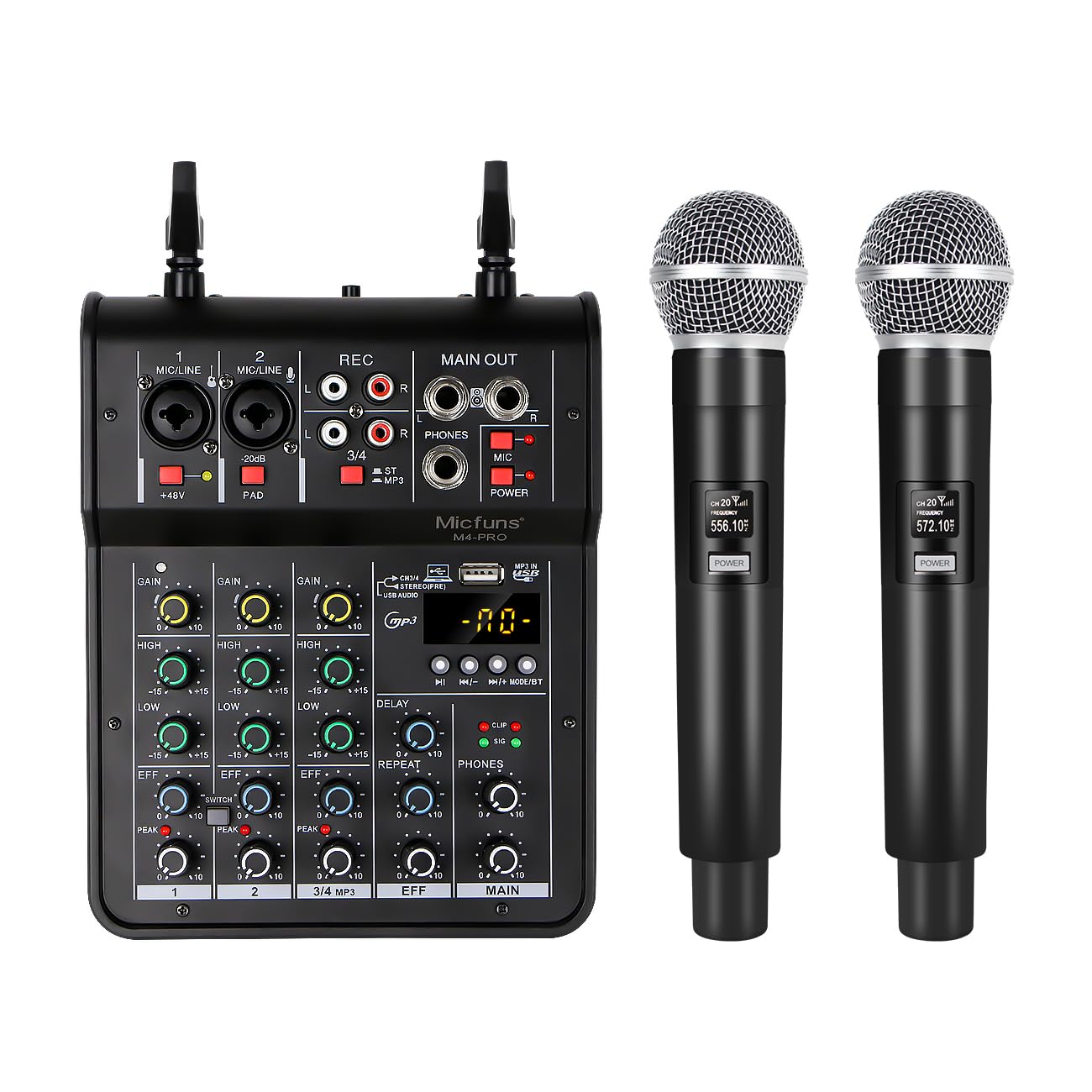 Photo 1 of Micfuns M4pro Audio Mixer, 4 Channel Mixer With Dual Wireless Mic, Sound Board Console MP3 Bluetooth 48V Phantom Power USB DJ Mixing for Home Karaoke Party Computer Studio Recording