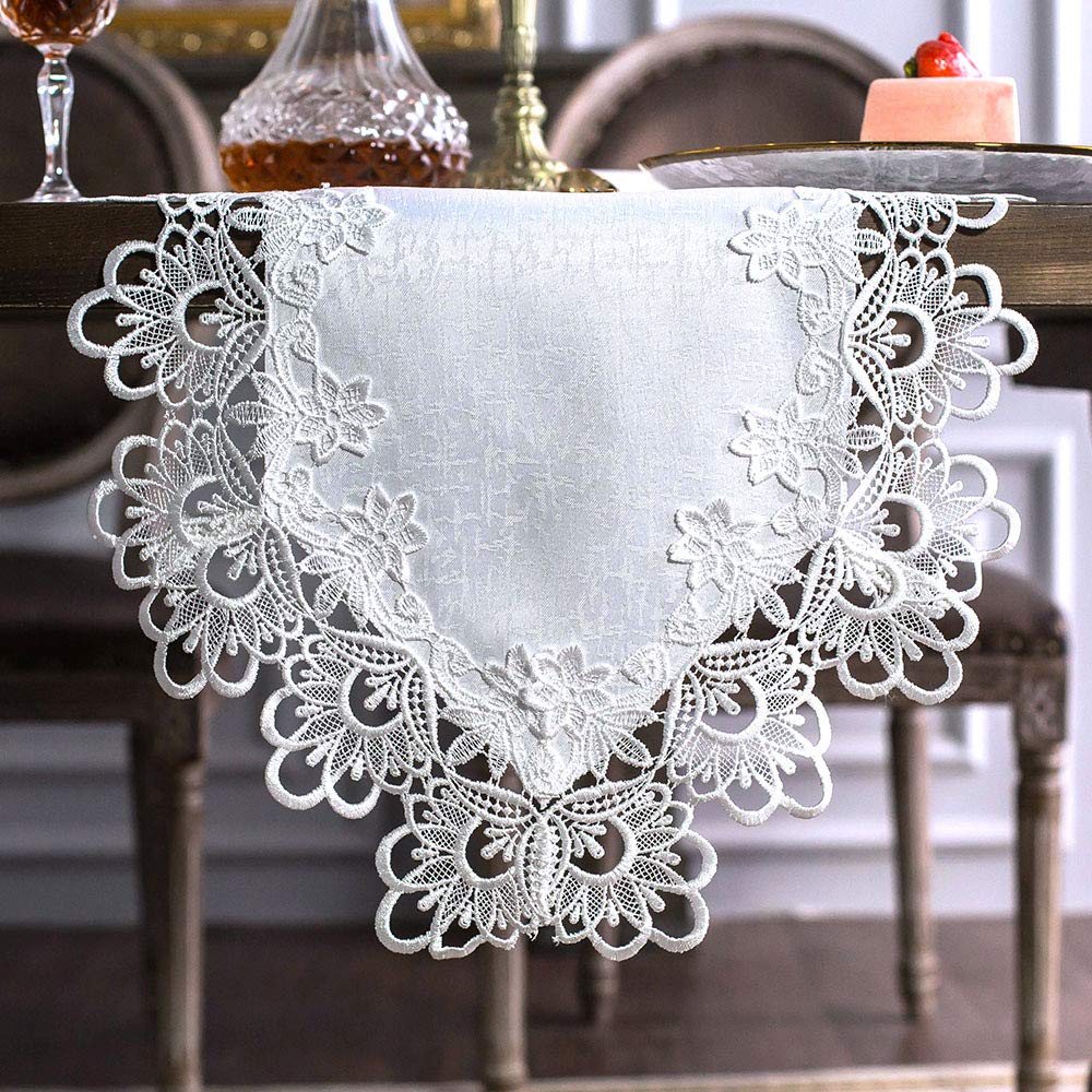 ARTABLE Rectangle Fabric Lace Table Runner Table Runners with Exquisite Macrame Embroidery for Bridal Shower Wedding Party Decorations Long Dinner Tables (White, Table Runner 16" x 104")