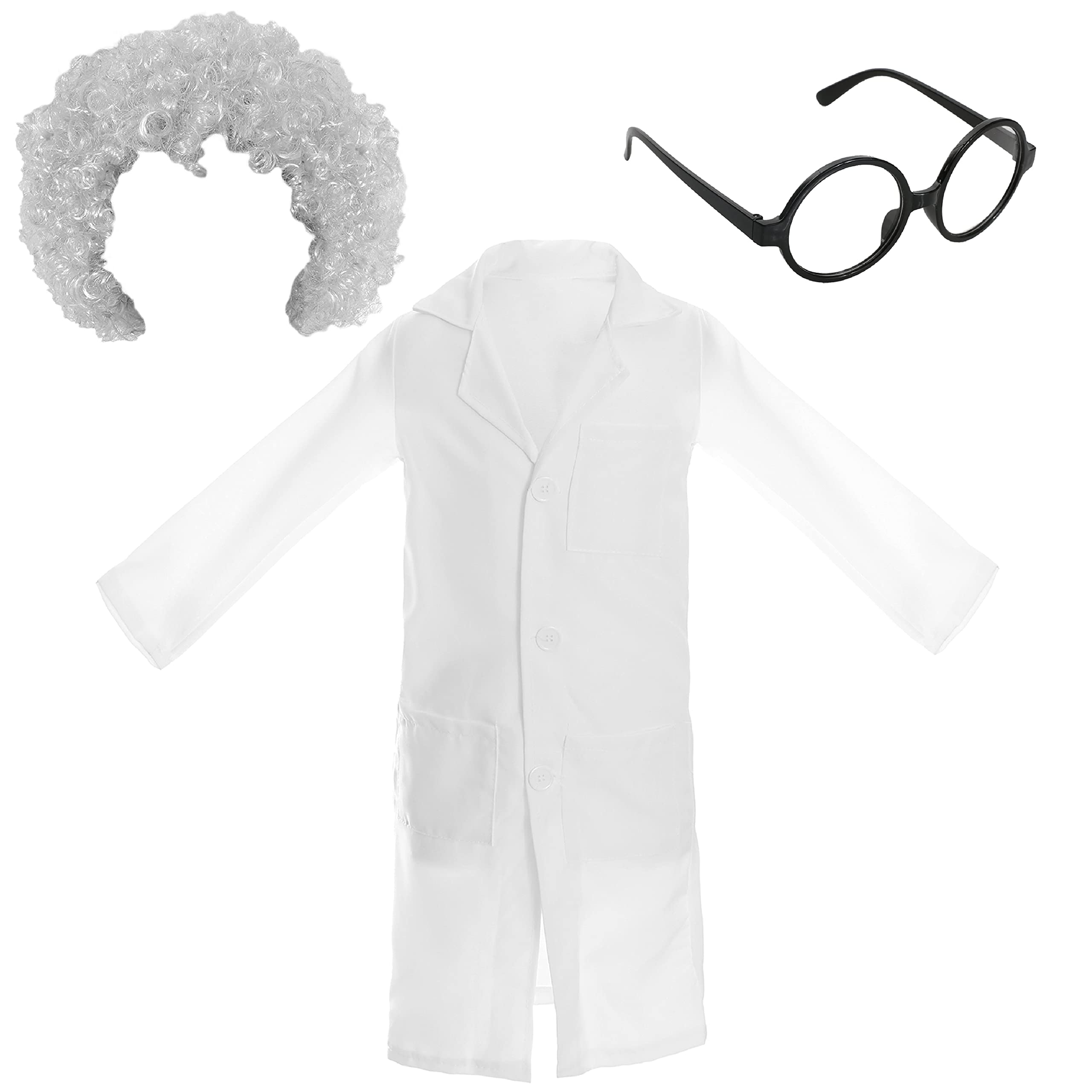 Kids Scientist Fancy Dress Costume With Wig and Glasses - Small - White Doctors/Scientists/Dentists/Vets Kids Lab Coat + Grey Curly Wig + Glasses - Einstein Costume