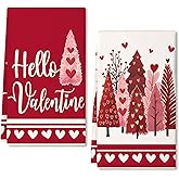 ARKENY Hello Valentines Day Kitchen Towels Set of 2,Red Heart Love Tree Dish Towels 18x26 Inch Drying Dishcloth,Farmhouse Home Daily Seasonal Decoration AD411